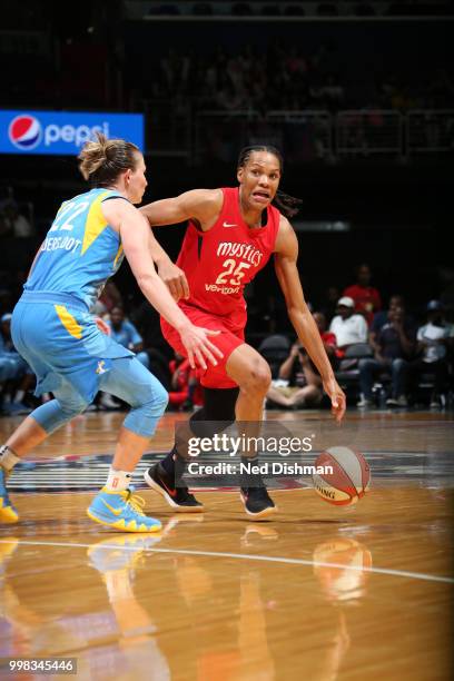 Monique Currie of the Washington Mystics handles the ball against the Chicago Sky on June 13, 2018 at Capital One Arena in Washington, DC. NOTE TO...