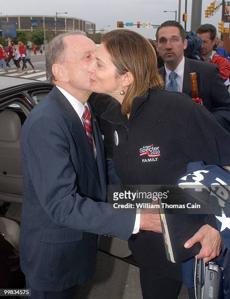 Sen. Arlen Specter is embraced by his daughter-in-law Tracey Specter after campaigning outside Citizens Bank Park May 17, 2010 in Philadelphia,...