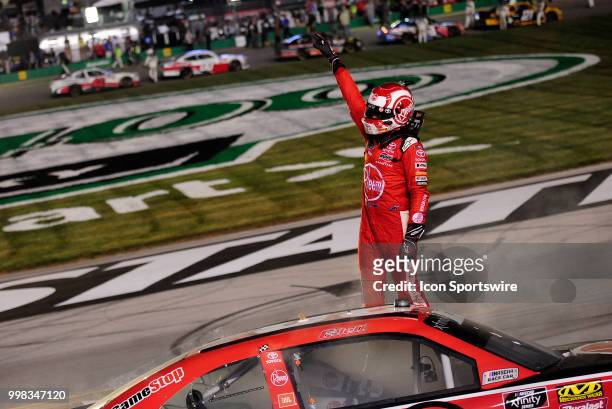 Christopher Bell Joe Gibbs Racing Toyota Camry celebrates on the front stretch after winning the NASCAR Xfinity Series Alsco 300 on July 13th at...