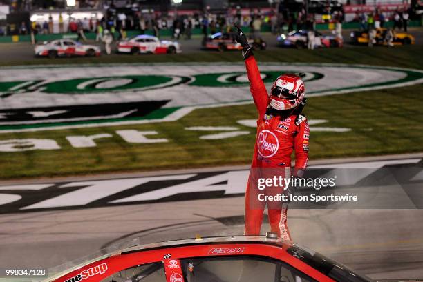 Christopher Bell Joe Gibbs Racing Toyota Camry celebrates on the front stretch after winning the NASCAR Xfinity Series Alsco 300 on July 13th at...