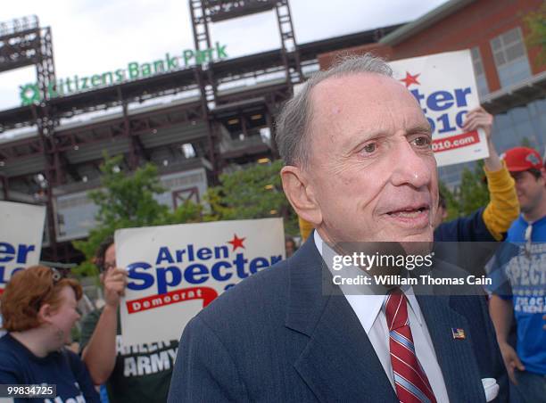 Sen. Arlen Specter campaigns outside Citizens Bank Park May 17, 2010 in Philadelphia, Pennsylvania. Specter, who switched political parties last...