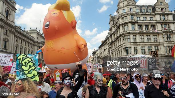 The 'Trump Baby' blimp, a six meter-high helium-filled effigy of U.S. President Donald Trump, flies over Parliament Square in London, U.K. On Friday,...