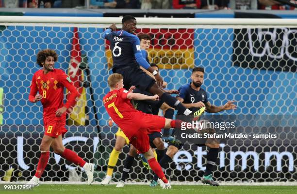 Kevin De Bruyne of Belgium Paul Pogba of France during the 2018 FIFA World Cup Russia Semi Final match between Belgium and France at Saint Petersburg...
