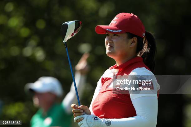 Angel Yin of the United States tees off on the 17th tee during the second round of the Marathon LPGA Classic golf tournament at Highland Meadows Golf...