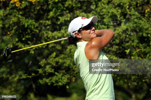 Laura Diaz of Scotia, NY hits from the 17th tee during the second round of the Marathon LPGA Classic golf tournament at Highland Meadows Golf Club in...
