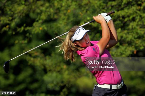 Brooke Henderson of Smith Falls, Ontario follows her shot from the 17th tee during the second round of the Marathon LPGA Classic golf tournament at...