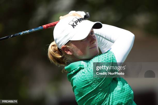 Stacy Lewis of the United States tees off on the 10th tee during the second round of the Marathon LPGA Classic golf tournament at Highland Meadows...