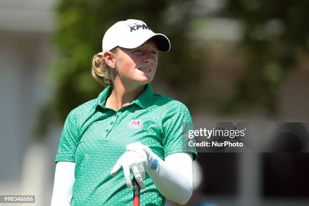 Stacy Lewis of the United States tees off on the 10th tee during the second round of the Marathon LPGA Classic golf tournament at Highland Meadows...