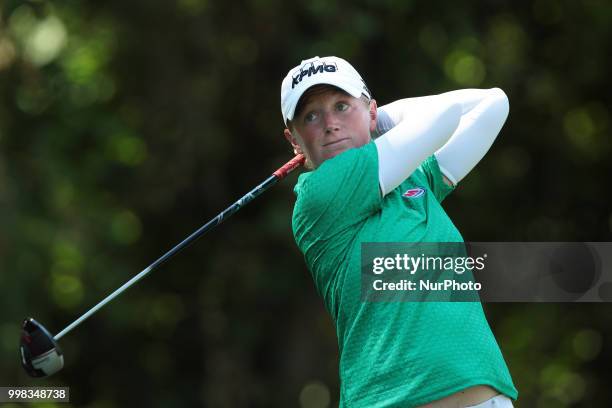 Stacy Lewis of the United States tees off on the 11th tee during the second round of the Marathon LPGA Classic golf tournament at Highland Meadows...