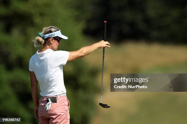 Silvia Caballeri of Italy lines up her putt on the 18th green during the second round of the Marathon LPGA Classic golf tournament at Highland...