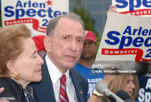 Sen. Arlen Specter and his wife Joan campaign outside Citizens Bank Park May 17, 2010 in Philadelphia, Pennsylvania. Specter, who switched political...