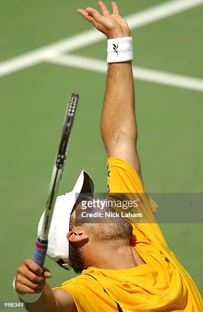 Pat Rafter of Australia in action against Thomas Johansson of Sweden in the Davis Cup Semi Final match held at the Sydney International Tennis...