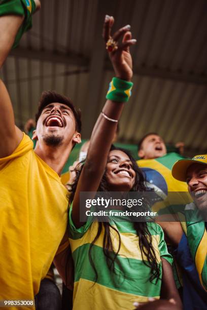 los fanáticos brasileños divertirse en el estadio - evento internacional de fútbol fotografías e imágenes de stock