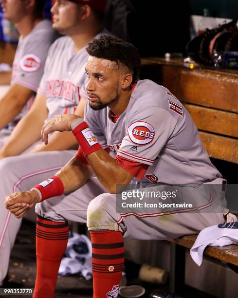 Cincinnati Reds center fielder Billy Hamilton watches from the dugout during the sixth inning of a baseball game against the St. Louis Cardinals on...