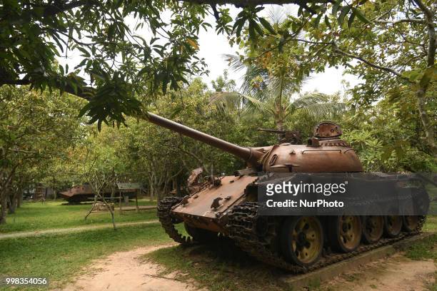 View of a partially-ruined tank T-54 used during the Cambodian War, exhibited at the War Museum, Siem Reap. On Saturday, July 7 in Siem Reap,...