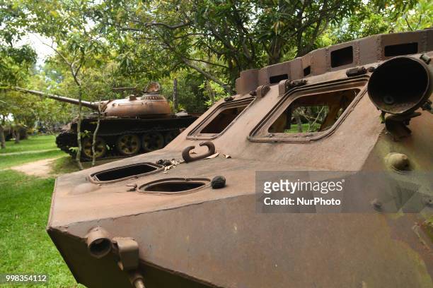 View of a partially-ruined armored car DM-2 and a tank T-54 used during the Cambodian War, exhibited at the War Museum, Siem Reap. On Saturday, July...