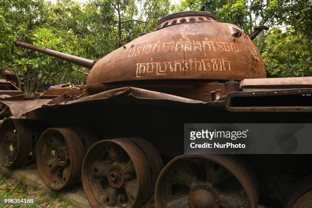 View of a partially-ruined tanks T-54 used during the Cambodian War, exhibited at the War Museum, Siem Reap. On Saturday, July 7 in Siem Reap,...