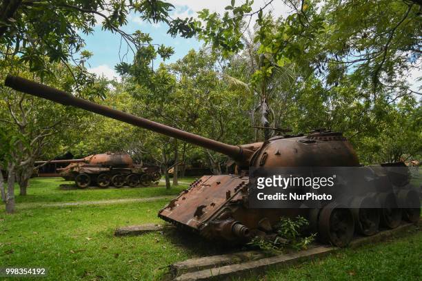 View of a partially-ruined tanks T-54 used during the Cambodian War, exhibited at the War Museum, Siem Reap. On Saturday, July 7 in Siem Reap,...