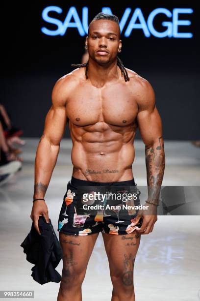 Model walks the runway for Sauvage Swimwear at Miami Swim Week powered by Art Hearts Fashion Swim/Resort 2018/19 at Faena Forum on July 13, 2018 in...