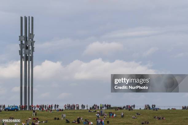 Grunwald Beatle monument is seen in Grunwald, Poland on 13 July 2018 Battle of Grunwald reenactment participants take part in the last rehearsal...