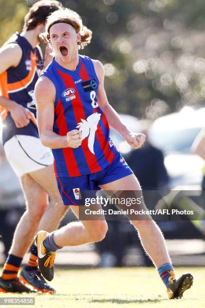 Noah Anderson of the Chargers celebrates a goal during the round 12 TAC Cup match between Oakleigh and Calder at Warrawee Park on July 14, 2018 in...