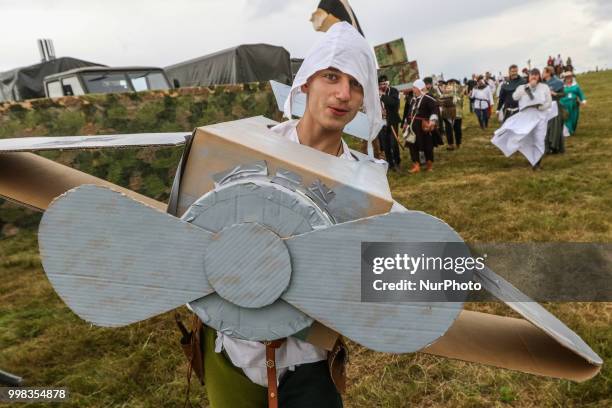 Man dressed as a German WWII airplane is seen in Grunwald, Poland on 13 July 2018 Battle of Grunwald reenactment participants take part in the last...