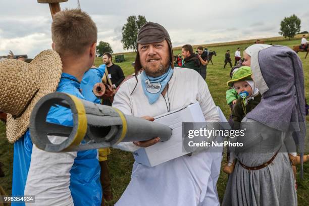 Man dressed as a German WWII tank is seen in Grunwald, Poland on 13 July 2018 Battle of Grunwald reenactment participants take part in the last...