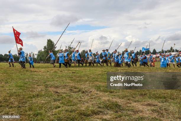 Battle of Grunwald reenactment participants are seen in Grunwald, Poland on 13 July 2018 Battle of Grunwald reenactment participants take part in the...