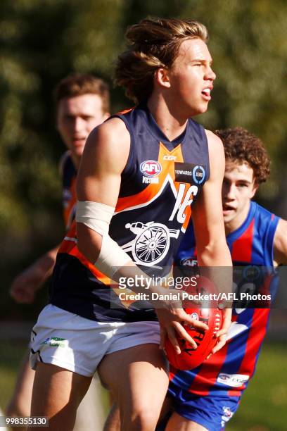 Jack Bytel of the Cannons runs with the ball during the round 12 TAC Cup match between Oakleigh and Calder at Warrawee Park on July 14, 2018 in...