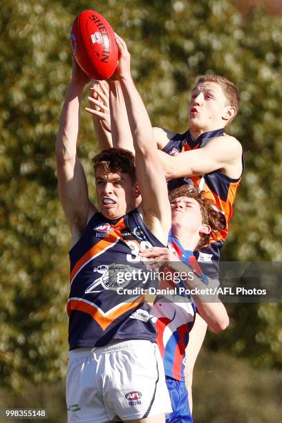 Mitchell Podhajski of the Cannons marks the ball during the round 12 TAC Cup match between Oakleigh and Calder at Warrawee Park on July 14, 2018 in...