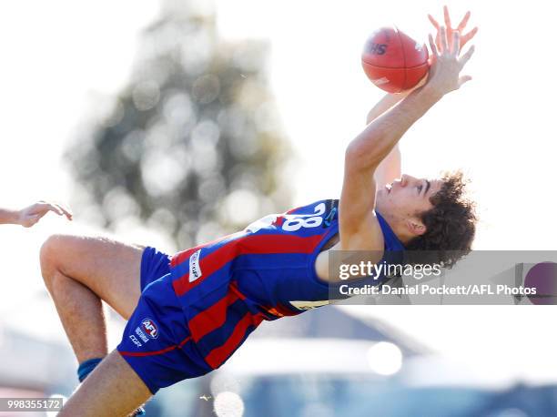 Oliver Simpson of the Chargers marks the ball during the round 12 TAC Cup match between Oakleigh and Calder at Warrawee Park on July 14, 2018 in...