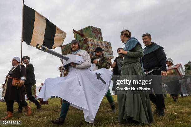 Man dressed as a German WWII tank is seen in Grunwald, Poland on 13 July 2018 Battle of Grunwald reenactment participants take part in the last...