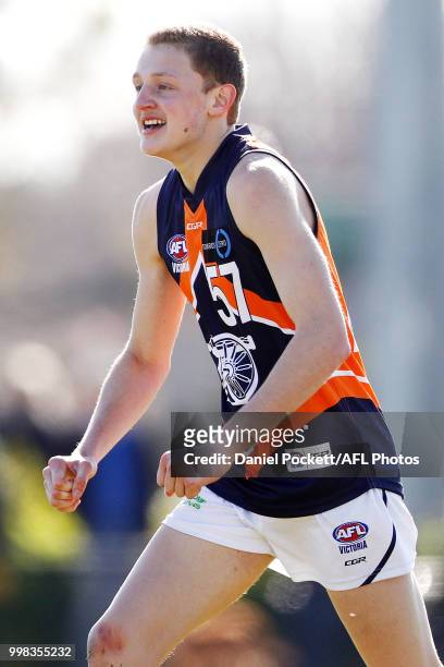 Joshua Kemp of the Cannons celebrates a goal during the round 12 TAC Cup match between Oakleigh and Calder at Warrawee Park on July 14, 2018 in...