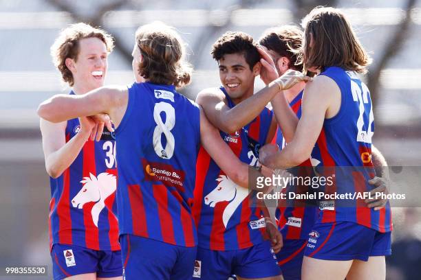 Noah Anderson of the Chargers celebrates a goal during the round 12 TAC Cup match between Oakleigh and Calder at Warrawee Park on July 14, 2018 in...
