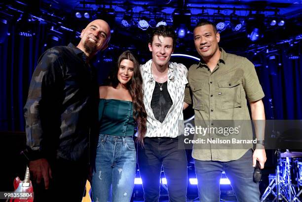 Tony Fly, Symon, Shawn Mendes and Michael Yo pose onstage for SiriusXM Live at The Roxy Theatre on July 13, 2018 in West Hollywood, California.