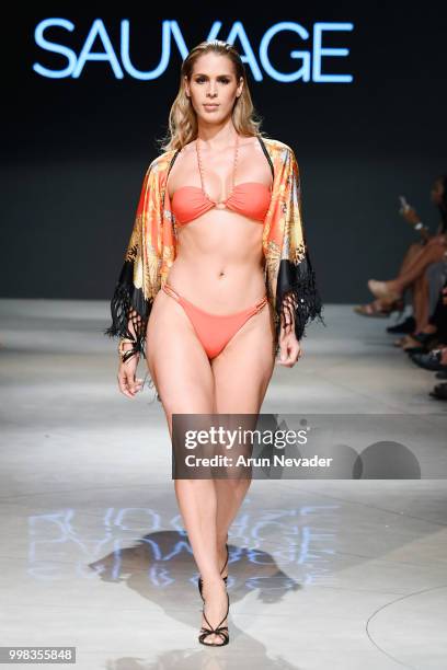 Model walks the runway for Sauvage Swimwear at Miami Swim Week powered by Art Hearts Fashion Swim/Resort 2018/19 at Faena Forum on July 13, 2018 in...