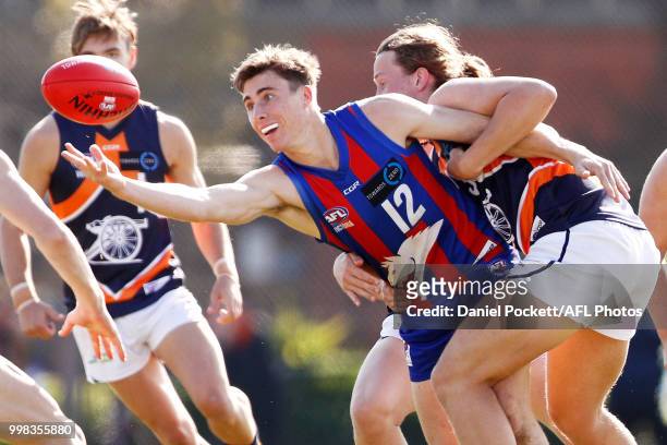Noah Answerth of the Chargers contest thr ball during the round 12 TAC Cup match between Oakleigh and Calder at Warrawee Park on July 14, 2018 in...