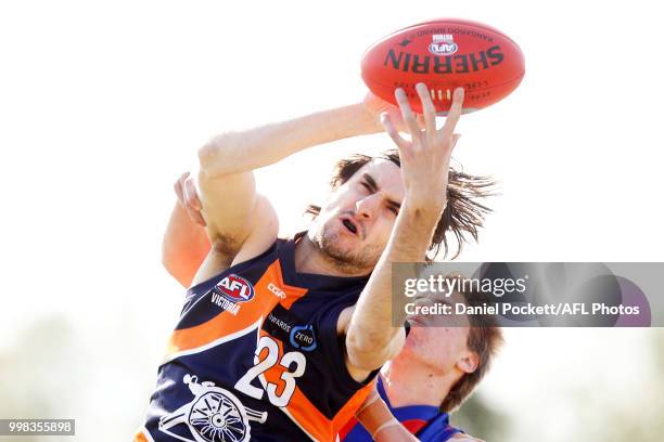Daniel Hanna of the Cannons marks the ball during the round 12 TAC Cup match between Oakleigh and Calder at Warrawee Park on July 14, 2018 in...