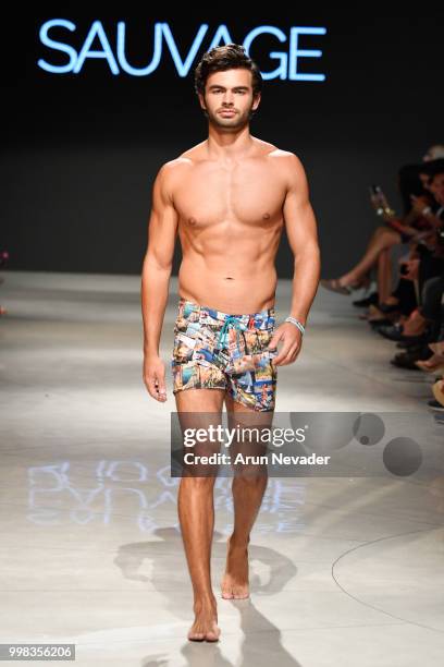 Model walks the runway for Sauvage Swimwear at Miami Swim Week powered by Art Hearts Fashion Swim/Resort 2018/19 at Faena Forum on July 13, 2018 in...