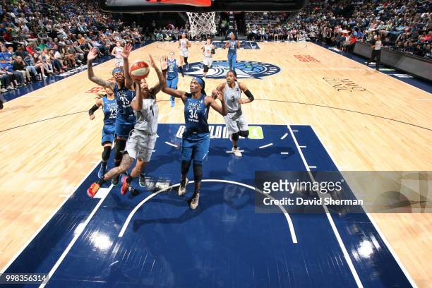 Tamera Young of the Las Vegas Aces goes to the basket against the Minnesota Lynx on July 13, 2018 at Target Center in Minneapolis, Minnesota. NOTE TO...