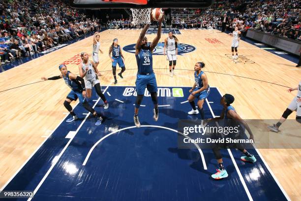 Sylvia Fowles of the Minnesota Lynx handles the ball against the Las Vegas Aces on July 13, 2018 at Target Center in Minneapolis, Minnesota. NOTE TO...