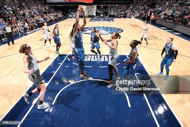 Sylvia Fowles of the Minnesota Lynx handles the ball against the Las Vegas Aces on July 13, 2018 at Target Center in Minneapolis, Minnesota. NOTE TO...