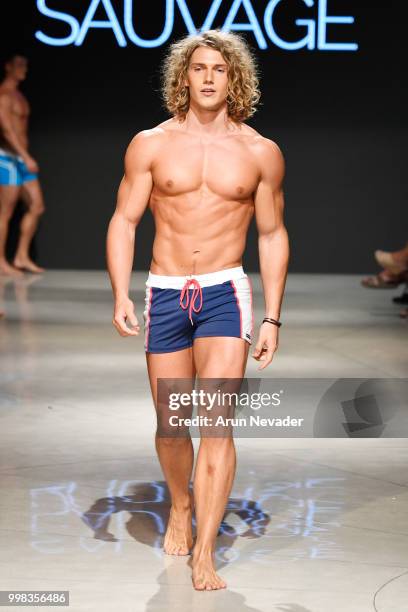 Model walks the runway for Sauvage Swimwear at Miami Swim Week powered by Art Hearts Fashion Swim/Resort 2018/19 at Faena Forum on July 13, 2018 in...