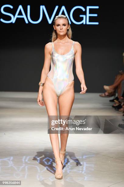 Model walks the runway for Sauvage Swimwear at Miami Swim Week powered by Art Hearts Fashion Swim/Resort 2018/19 at Faena Forum on July 13, 2018 in...