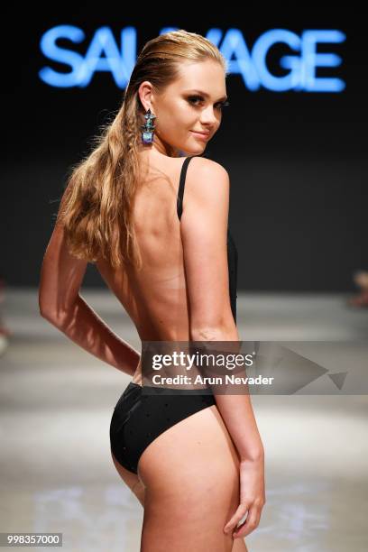 Model walks the runway for Sauvage Swimwear at Miami Swim Week powered by Art Hearts Fashion Swim/Resort 2018/19 at Faena Forum on July 13, 2018 in...