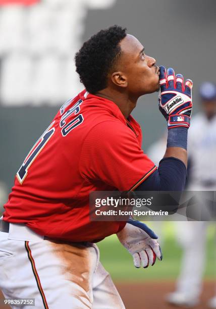 Minnesota Twins Shortstop Jorge Polanco celebrates a triple in the bottom of the 1st during a MLB game between the Minnesota Twins and Tampa Bay Rays...