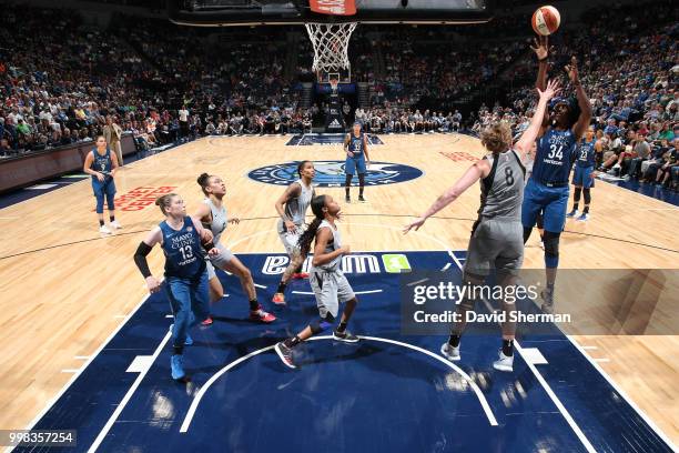 Sylvia Fowles of the Minnesota Lynx shoots the ball against the Las Vegas Aces on July 13, 2018 at Target Center in Minneapolis, Minnesota. NOTE TO...