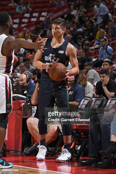 Grayson Allen of Utah Jazz handles the ball against the Miami Heat during the 2018 Las Vegas Summer League on July 9, 2018 at the Thomas & Mack...