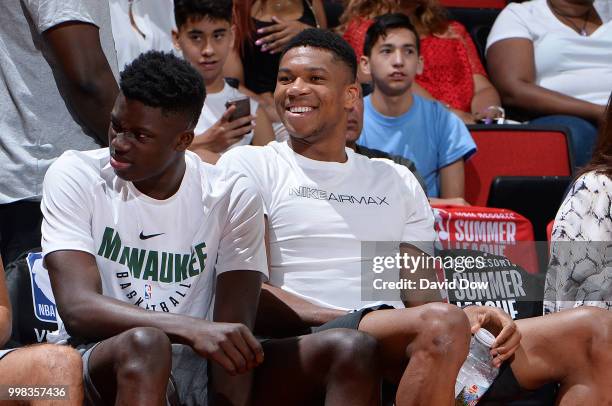 Giannis Antetokounmpo of the Milwaukee Bucks attends the game between the Dallas Mavericks and the Washington Wizards during the 2018 Las Vegas...