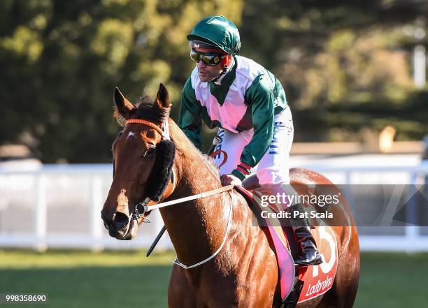 Michael Walker returns to the mounting yard on Sharpness after winning the Ladbrokes Odds Boost Exotics Handicap , at Caulfield Racecourse on July...